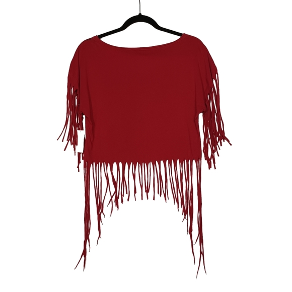 HYBRID Burgundy Red Black Silver Feather Print Fringe Short Sleeve Top Large NWT - Picture 3 of 7